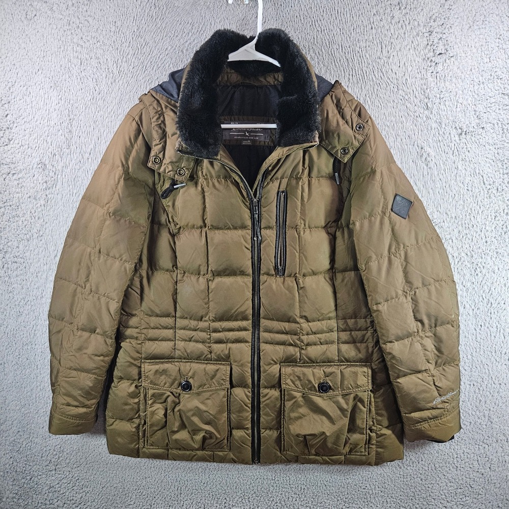 Eddie Bauer Womens XL Down Puffer Jacket Olive Green Faux Fur Collar Hooded Coat